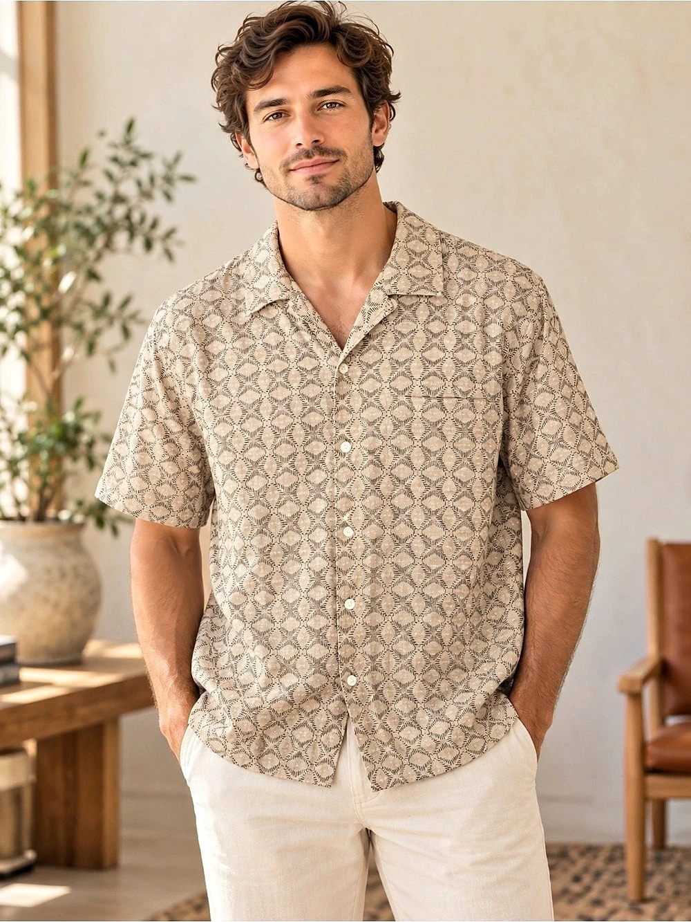American Eagle Men's Geometric Linen Blend Shirt Size Medium